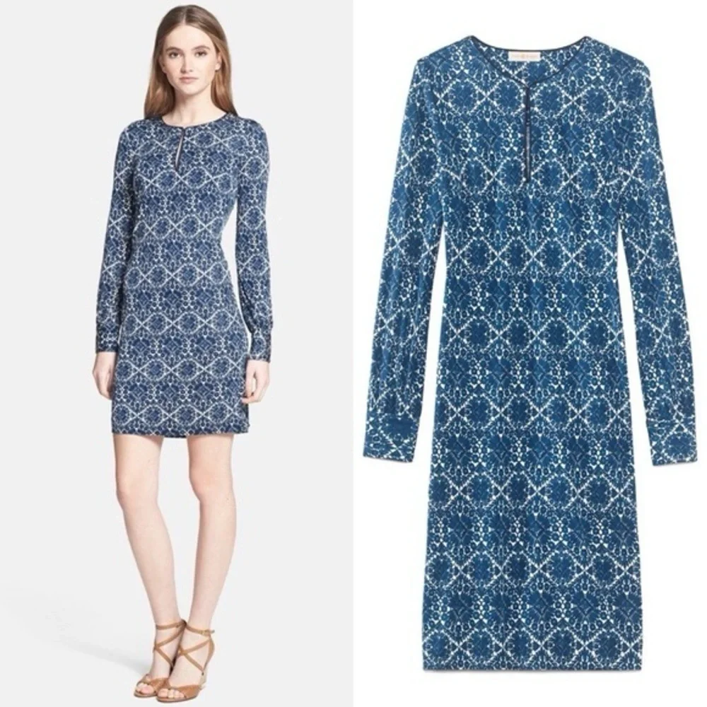 TORY BURCH Walker Long Sleeve‎ Fitted Mini Dress Navy Blue White Size M Keyhole